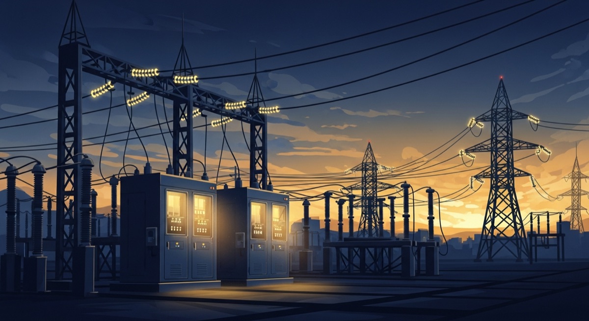 夕暮れの変電所と送電鉄塔のイラスト
